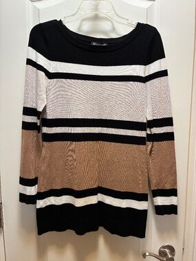 INC Black and Tan Striped Lightweight Tunic Sweater
